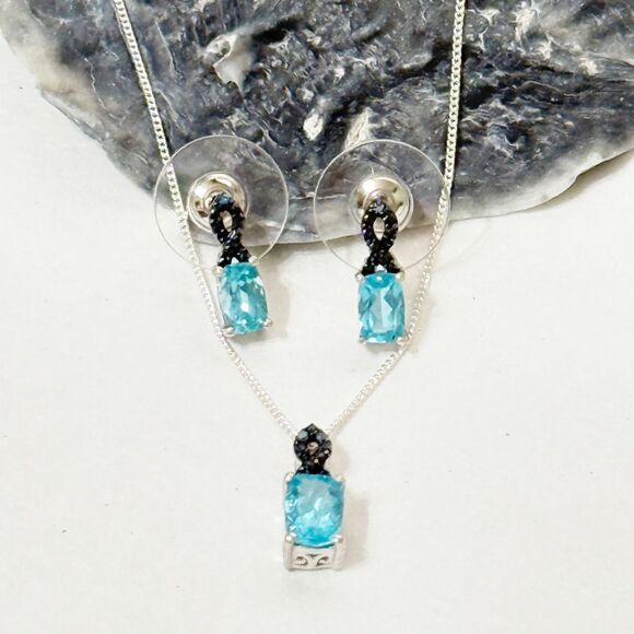 925 Sterling Silver Blue Topaz Necklace & Post Earring Set Dainty Rectangular - Picture 1 of 8